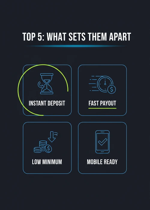 What sets the top 5 PayID casinos apart — instant deposit, fast payout, low minimum and mobile-ready play.