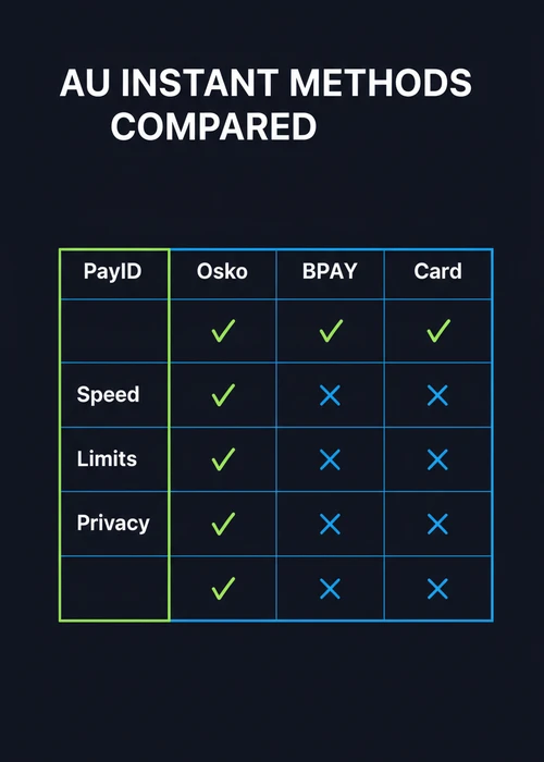 AU instant methods compared at the best PayID casinos — PayID, Osko, BPAY and card on speed, limits and privacy.