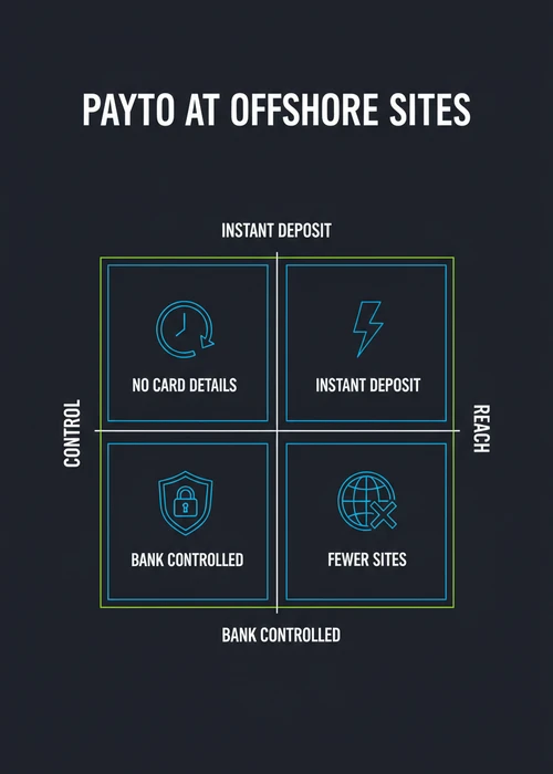 PayTo at offshore PayID casinos — instant deposit, bank controlled, no card details and fewer sites mapped on control and reach.